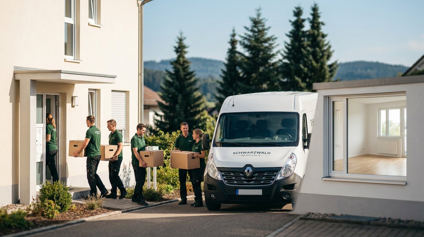 Entrümpelungs-Team verlädt Kartons in einen Transporter im Schwarzwald